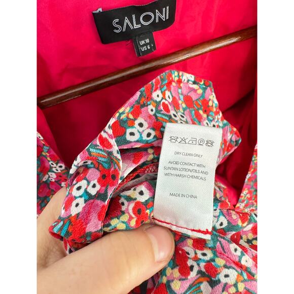 SALONI Lea Wrap Dress Red Pink Poppyfield Silk Size 6 EUC Maximalist Floral Mini - Picture 14 of 15